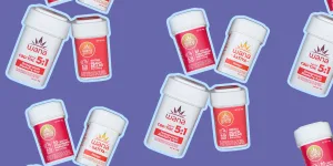 Wana cannabis edible gummy canisters in multiple flavors on purple background