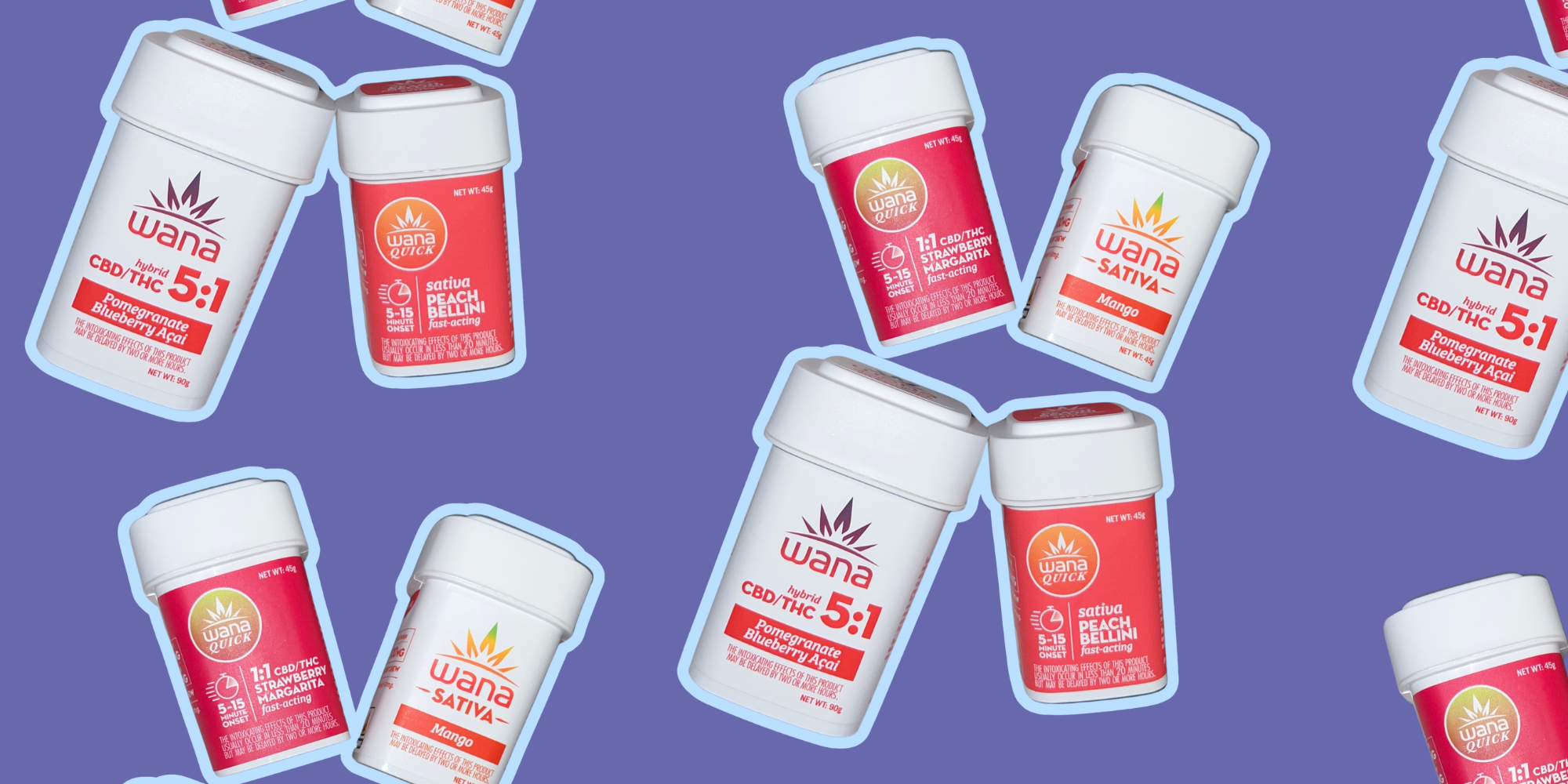 Wana cannabis edible gummy canisters in multiple flavors on purple background